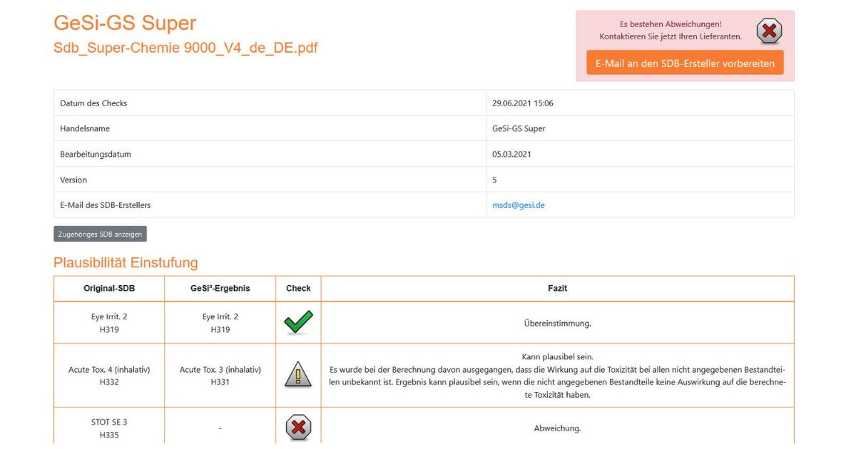 Abweichungen im Sicherheitsdatenblatt